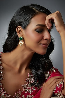 Gold Finish Moissanite Polki & Emerald Synthetic Stone Dangler Earrings In Sterling Silver