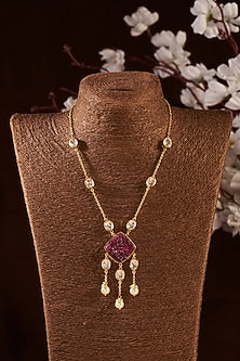 Gold Finish Moissanite Polki & Ruby Long Necklace In Sterling Silver