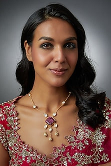 Gold Finish Moissanite Polki & Ruby Long Necklace In Sterling Silver