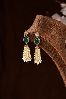 Gold Finish Moissanite Polki & Emerald Synthetic Stone Dangler Earrings In Sterling Silver