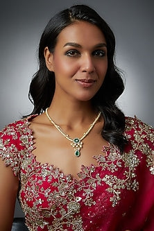 Gold Finish Moissanite Polki Emerald Necklace In Sterling Silver