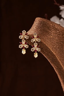 Gold Finish Moissanite & Ruby Synthetic Stones Dangler Earrings In Sterling Silver