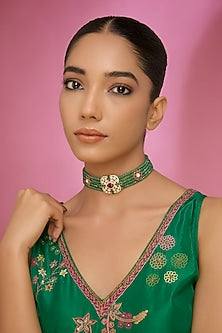 Gold Finish Kundan Polki & Red Stone Choker Necklace