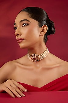 Gold Finish Kundan Polki & Multi-Colored Stone Choker Necklace