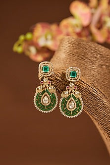 Gold Finish Kundan Polki & Emerald Stone Dangler Earrings