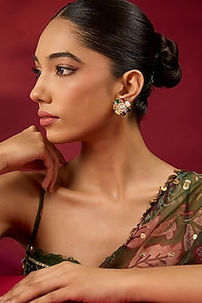 Gold Finish Kundan Polki & Multi-Colored Stone Stud Earrings