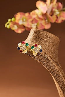 Gold Finish Kundan Polki & Multi-Colored Stone Stud Earrings