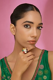 Gold Finish Kundan Polki & Multi-Colored Stone Ring