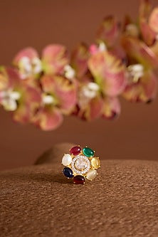 Gold Finish Kundan Polki & Multi-Colored Stone Ring
