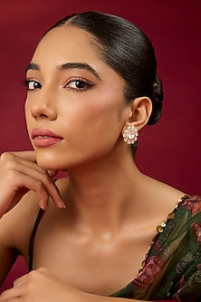 Gold Finish Kundan Polki & White Stone Stud Earrings