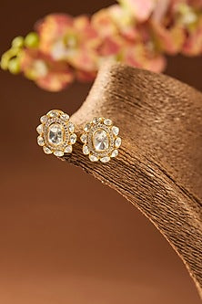 Gold Finish Kundan Polki & White Stone Stud Earrings