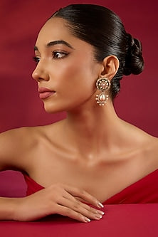 Gold Finish Kundan Polki & Emerald Stone Dangler Earrings