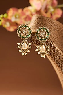 Gold Finish Kundan Polki & Emerald Stone Dangler Earrings