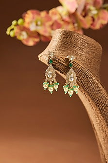 Gold Finish Kundan Polki & Emerald Stone Dangler Earrings