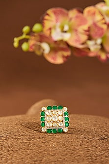 Gold Finish Kundan Polki & Emerald Stone Ring