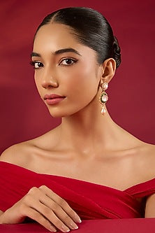 Gold Finish Kundan Polki & White Stone Dangler Earrings