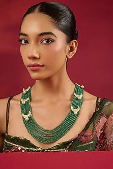 Gold Finish Kundan Polki & Emerald Stone Long Necklace