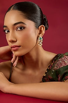 Gold Finish Kundan Polki & Emerald Stone Dangler Earrings