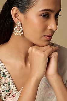 White Finish Pink Stone Dangler Earrings