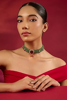 Gold Finish Emerald Stone Choker Necklace In Sterling Silver