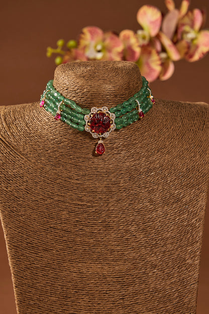 Gold Finish Emerald Stone Choker Necklace In Sterling Silver