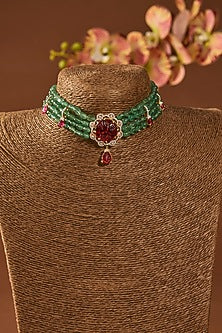 Gold Finish Emerald Stone Choker Necklace In Sterling Silver