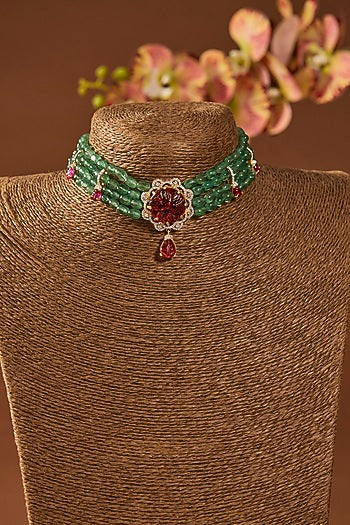 Gold Finish Emerald Stone Choker Necklace In Sterling Silver