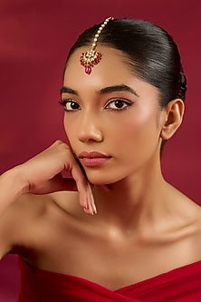 Gold Finish Kundan Polki & Ruby Stone Maangtikka