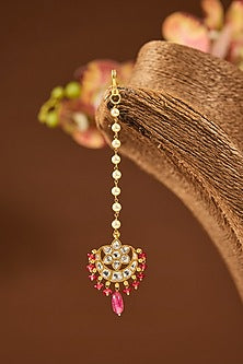 Gold Finish Kundan Polki & Ruby Stone Maangtikka