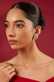 Gold Finish Kundan Polki & Emerald Stone Stud Earrings