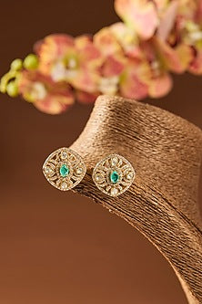 Gold Finish Kundan Polki & Emerald Stone Stud Earrings