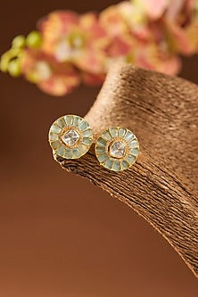 Gold Finish Kundan Polki & Turquoise Stone Stud Earrings
