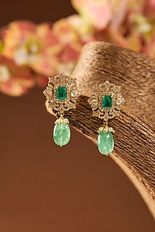 Gold Finish Kundan Polki & Emerald Stone Dangler Earrings