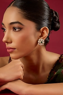 Gold Finish Kundan Polki & Emerald Stone Stud Earrings