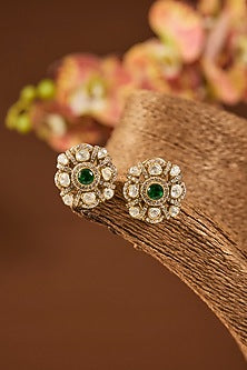 Gold Finish Kundan Polki & Emerald Stone Stud Earrings