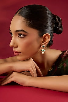 Gold Finish Kundan Polki & Emerald Stone Dangler Earrings