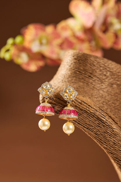 Gold Finish Kundan Polki & Pearl Dangler Earrings In Sterling Silver