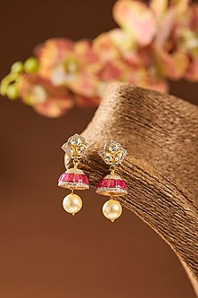 Gold Finish Kundan Polki & Pearl Dangler Earrings In Sterling Silver