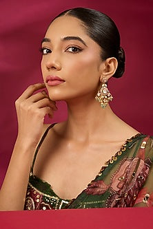 Gold Finish Kundan Polki & White Stone Dangler Earrings