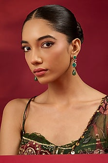 Gold Finish Kundan Polki & Emerald Stone Dangler Earrings
