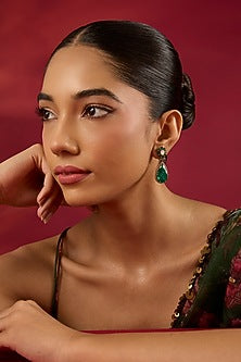 Gold Finish Kundan Polki & Emerald Stone Dangler Earrings