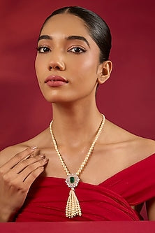 Gold Finish Kundan Polki & Pearl Long Necklace