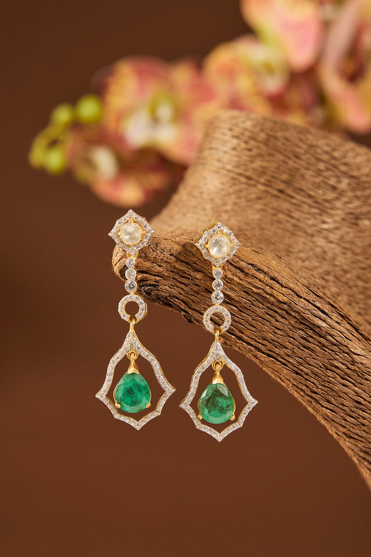 Gold Finish Kundan Polki & Emerald Stone Dangler Earrings