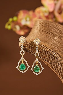 Gold Finish Kundan Polki & Emerald Stone Dangler Earrings