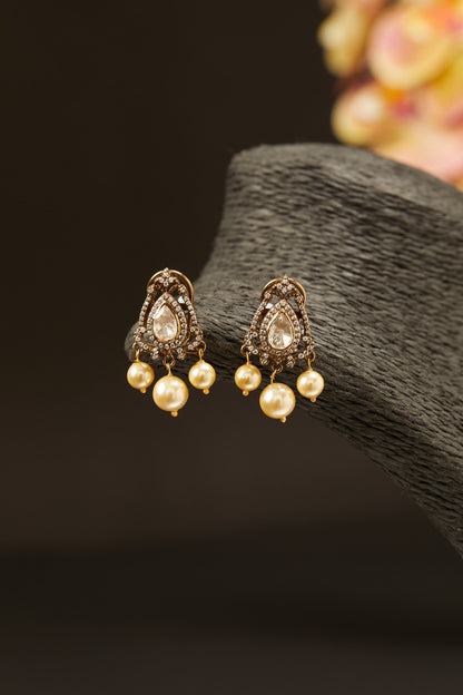 Gold Finish Pearls Stud Earrings In Sterling Silver