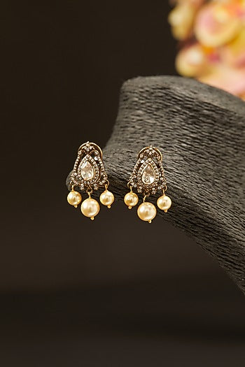 Gold Finish Pearls Stud Earrings In Sterling Silver