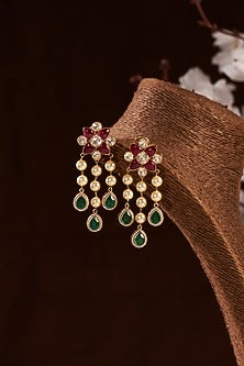 Gold Finish Moissanite Polki & Ruby Synthetic Stones Dangler Earrings In Sterling Silver