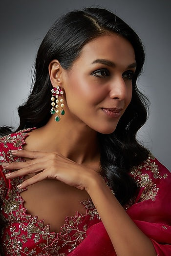 Gold Finish Moissanite Polki & Ruby Synthetic Stone Dangler Earrings In Sterling Silver