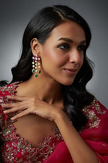 Gold Finish Moissanite Polki & Ruby Synthetic Stone Dangler Earrings In Sterling Silver