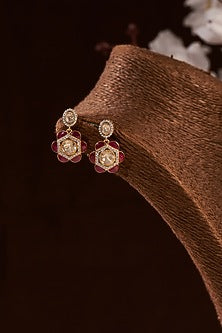 Gold Finish Moissanite Polki & Ruby Synthetic Stones Dangler Earrings In Sterling Silver